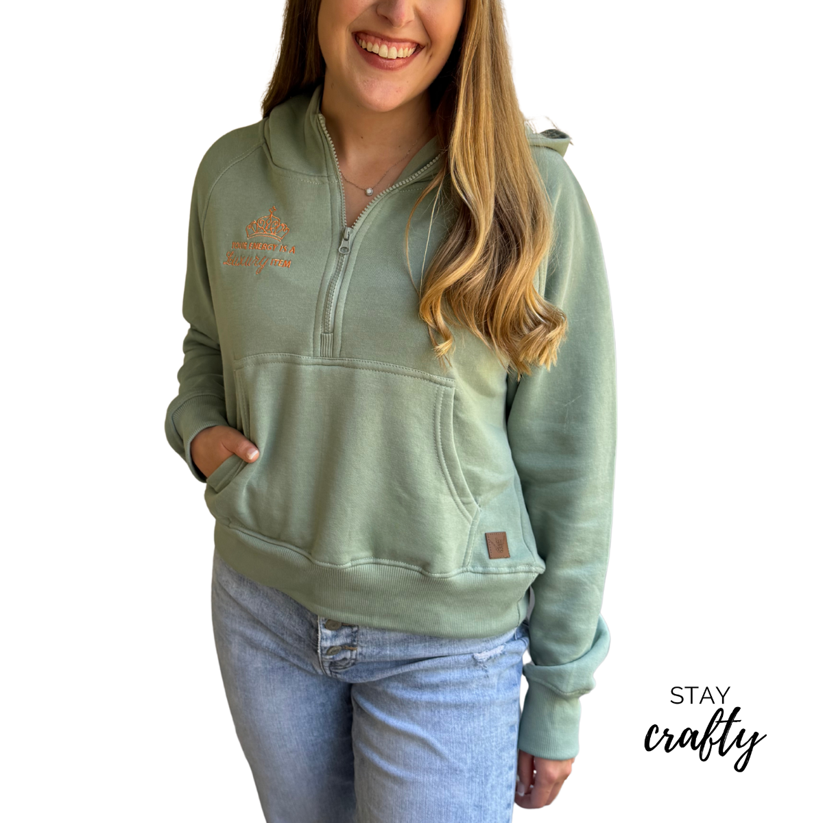 Your Energy is a Luxury Item- Women's Cropped Quarter Zip Pull Over w/ Pocket & Hood