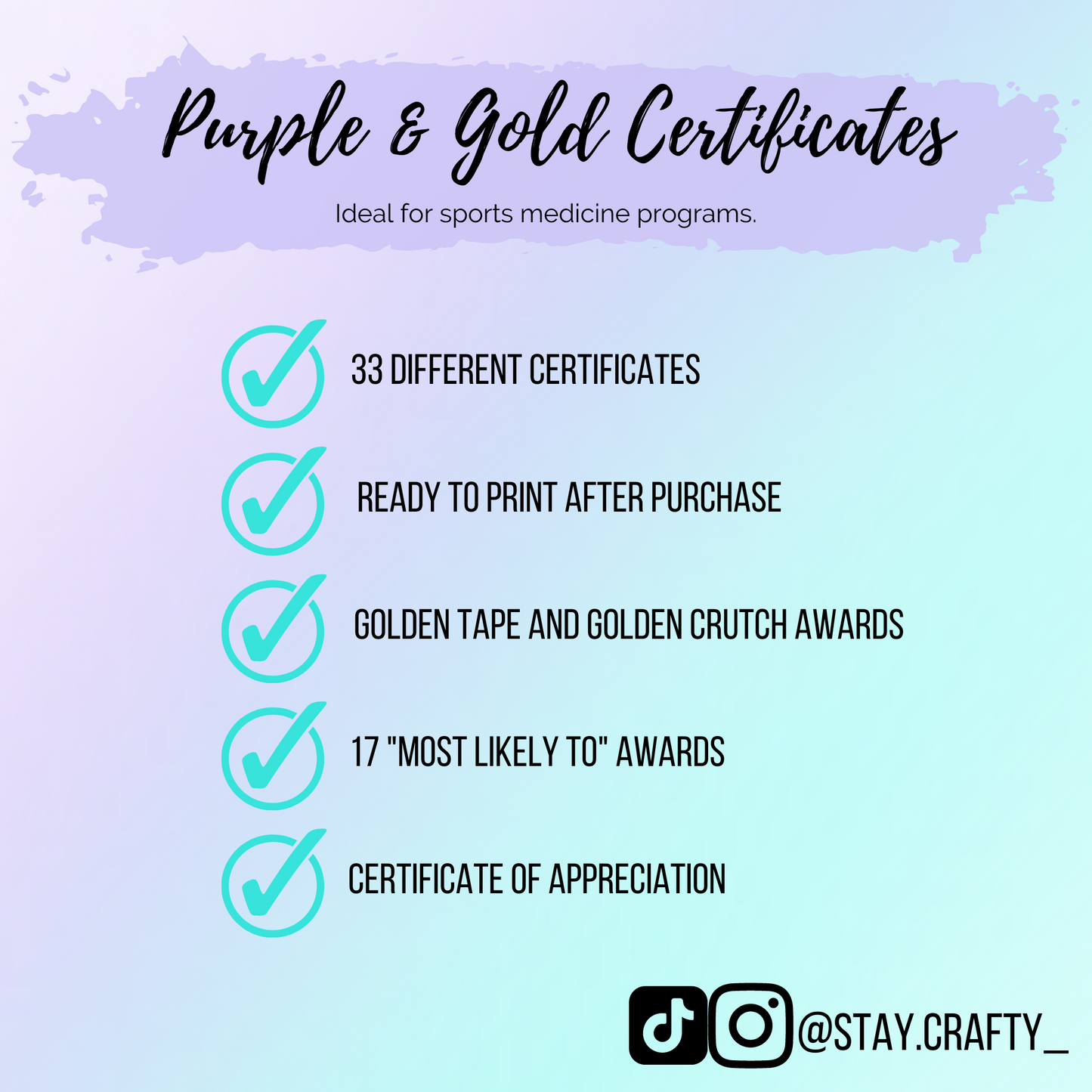 33 Purple & Gold Sports Medicine Printable Certificates- Digital Download