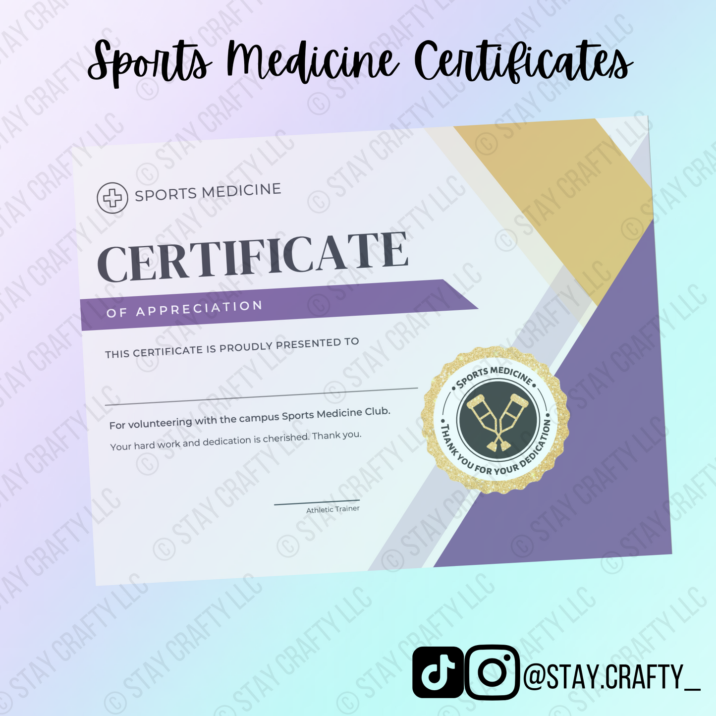 33 Purple & Gold Sports Medicine Printable Certificates- Digital Download